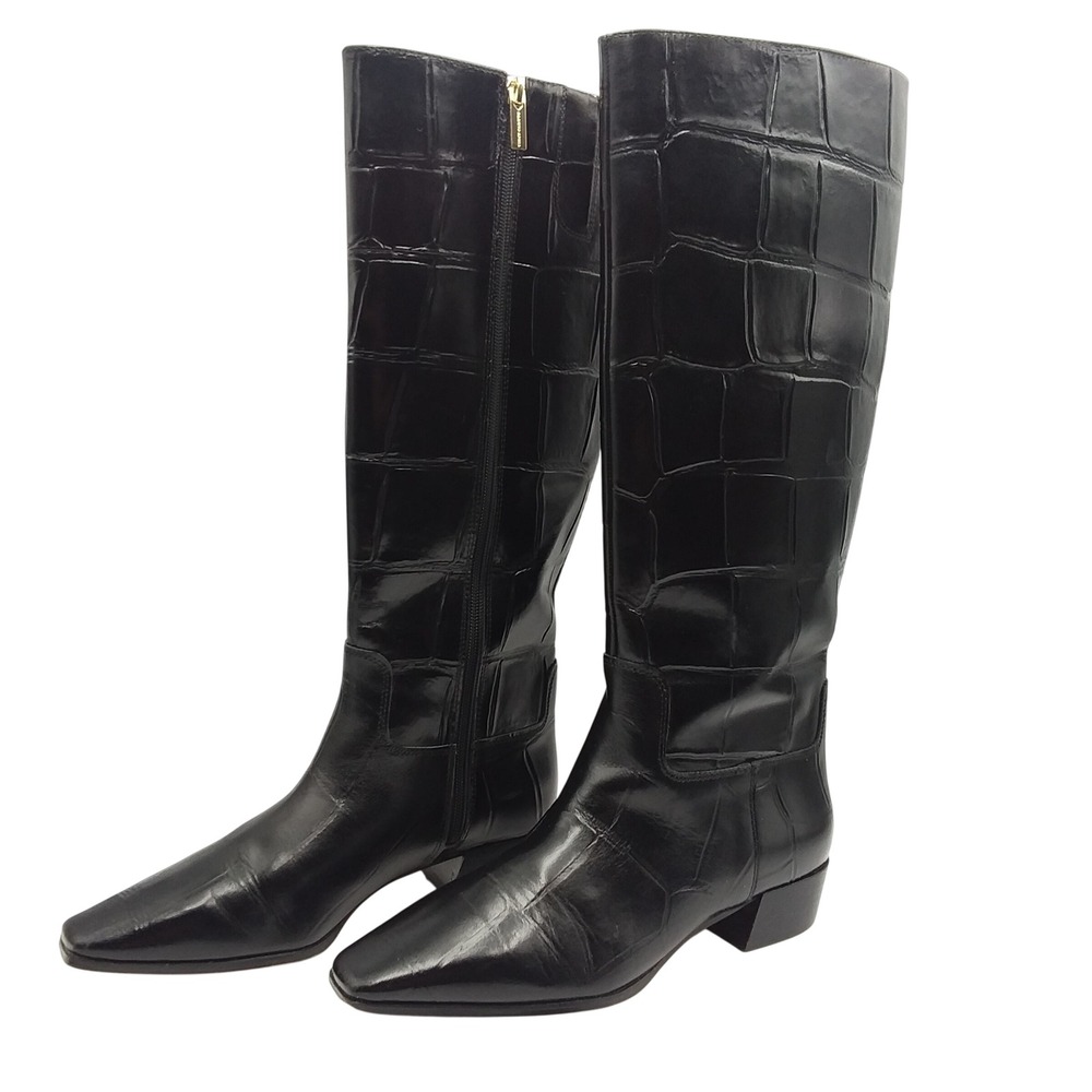 Vince Camuto Pavla Black Croc Embossed Leather Knee High Boots Womens 7.5M EU38